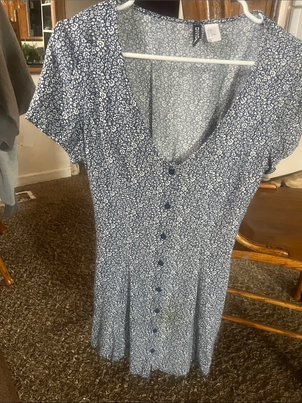 Dynamite Navy and White Floral Button-Front Dress